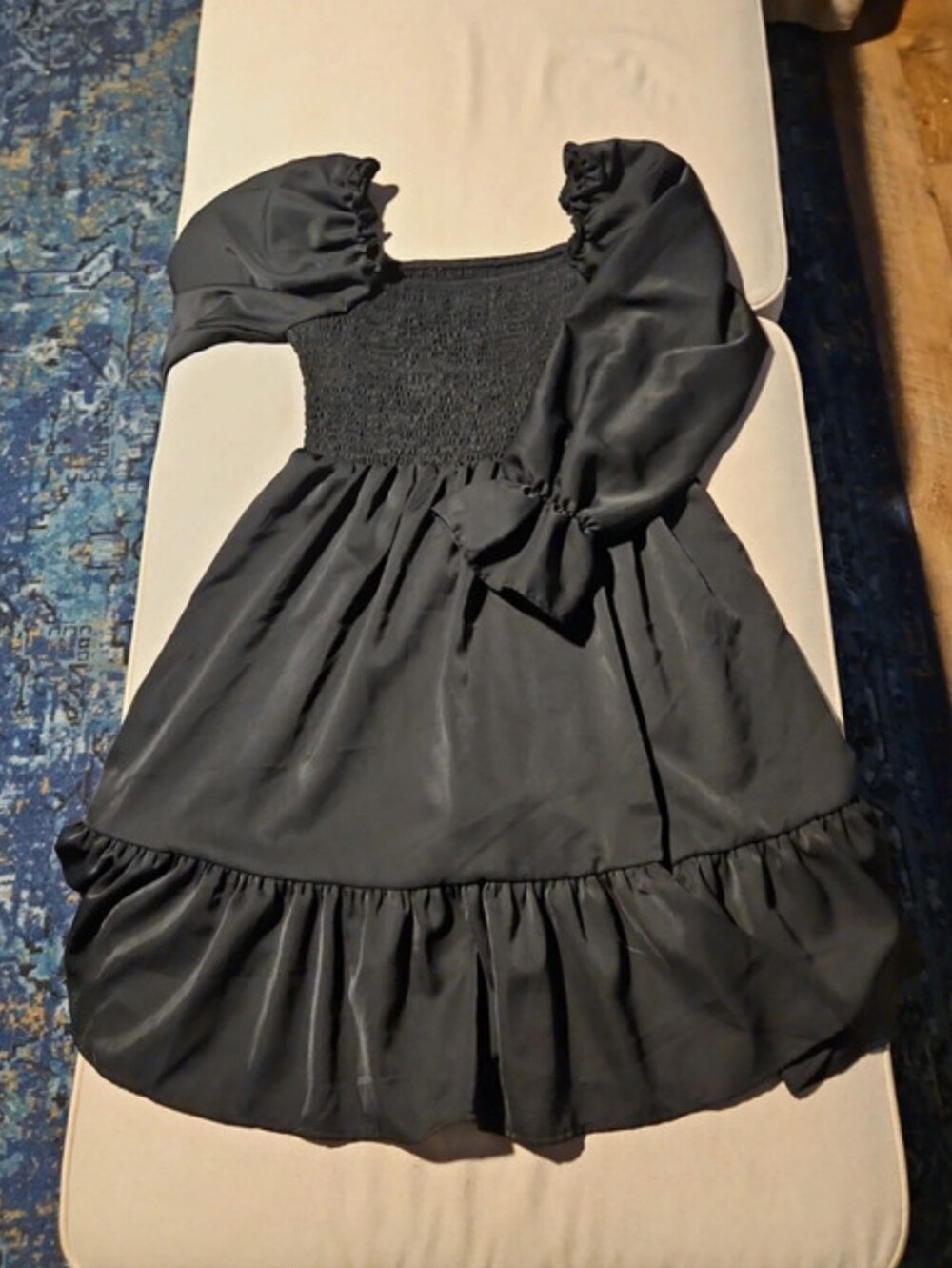 SHEIN Black Puff Sleeve Smocked Dress with Ruffle Hem